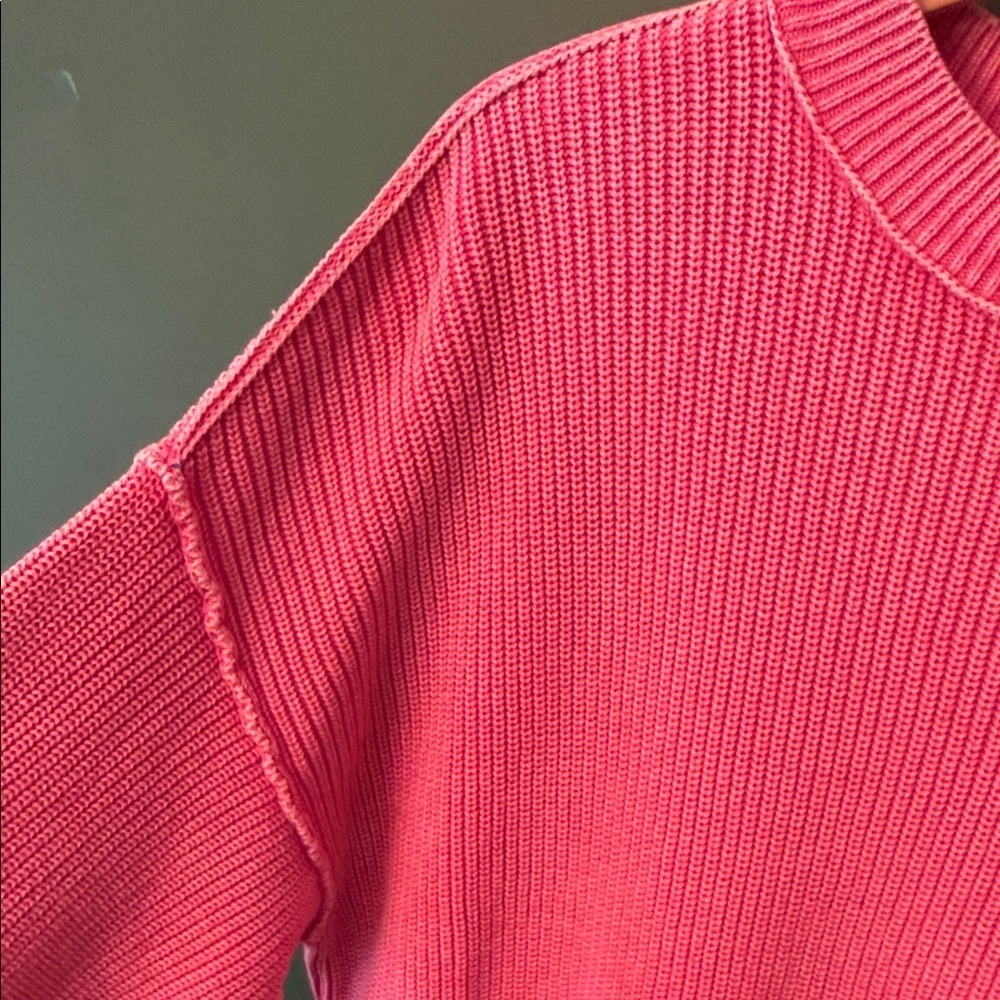 Aerie Bright Pink Womens S Drop-Sleeve Cotton Crew Neck Sweater Lounge - Picture 5 of 9